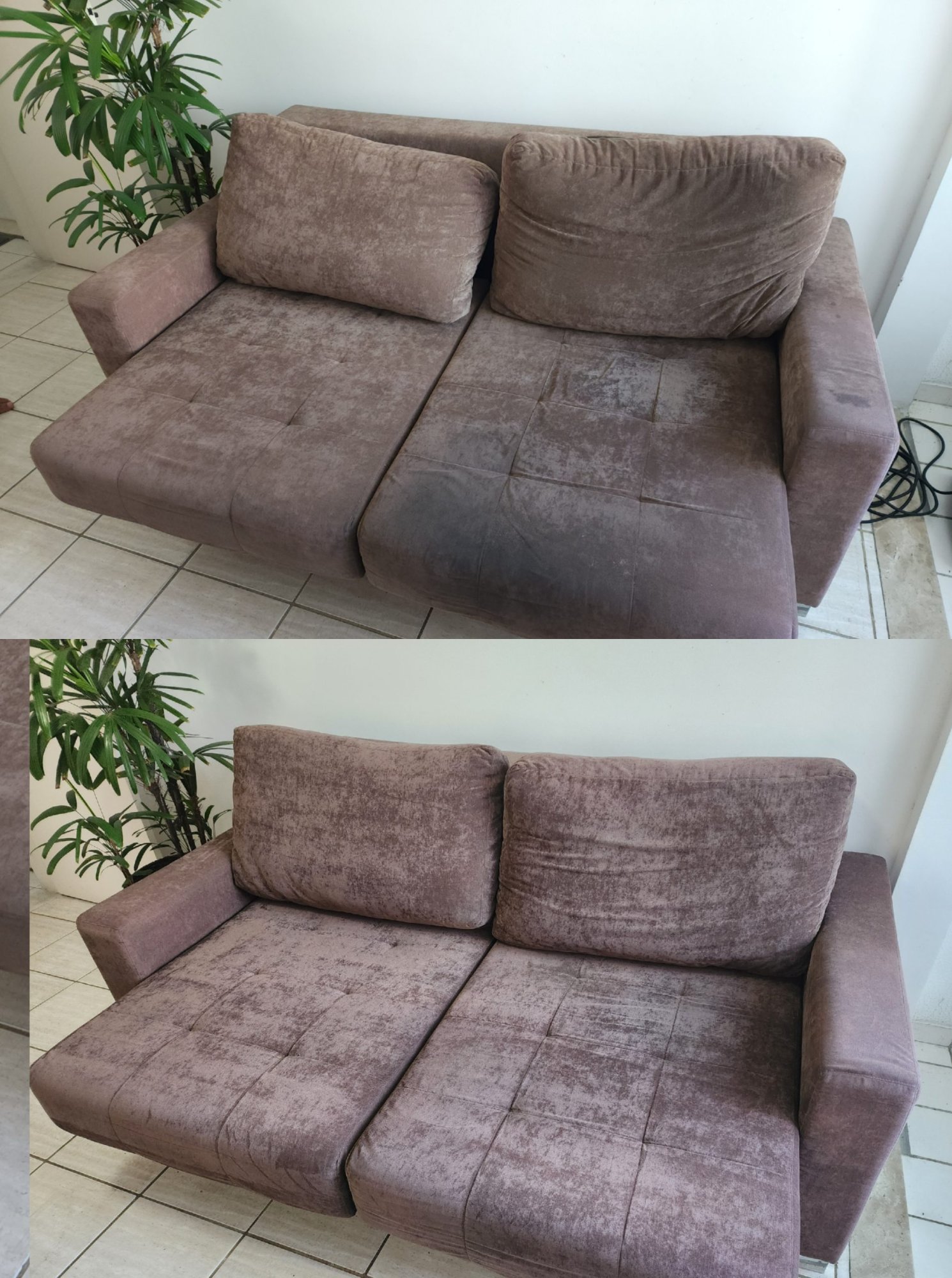 Antes e depois de sofá com manchas profundas higienizado