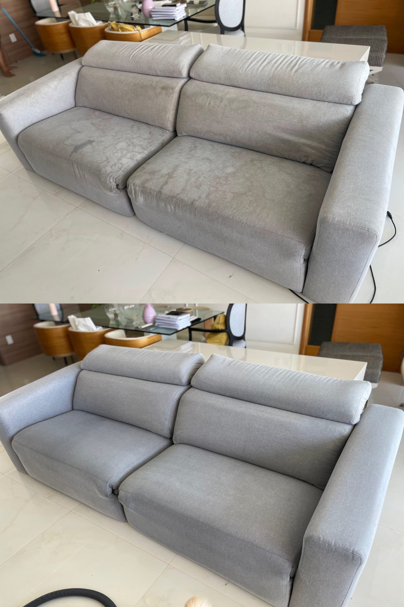 Antes e depois de sofá claro com encardido removido