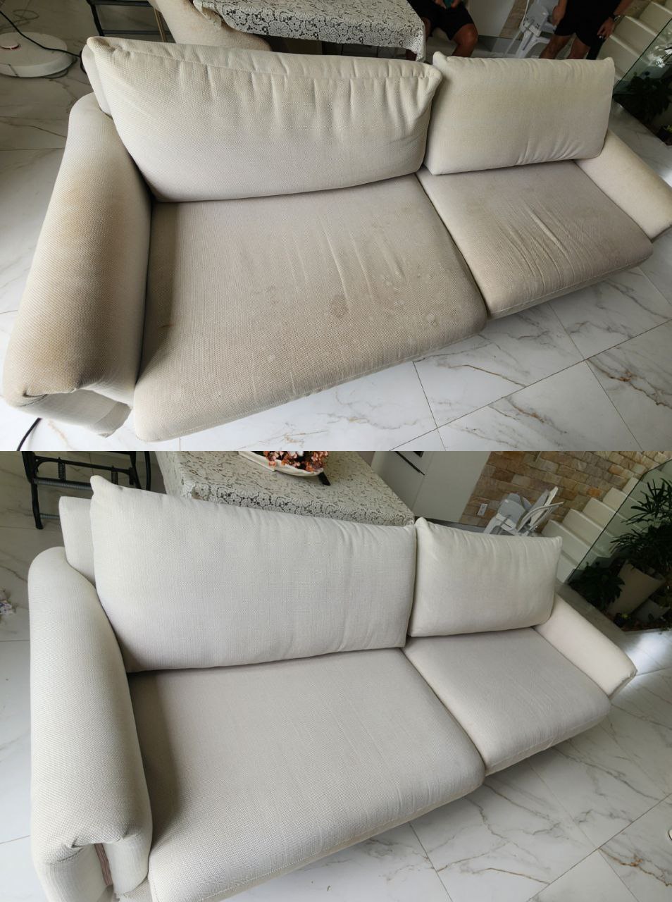 Antes e depois de assento com sujeira e gordura corporal eliminadas