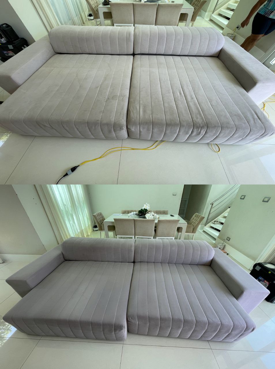Antes e depois de encosto higienizado lado a lado